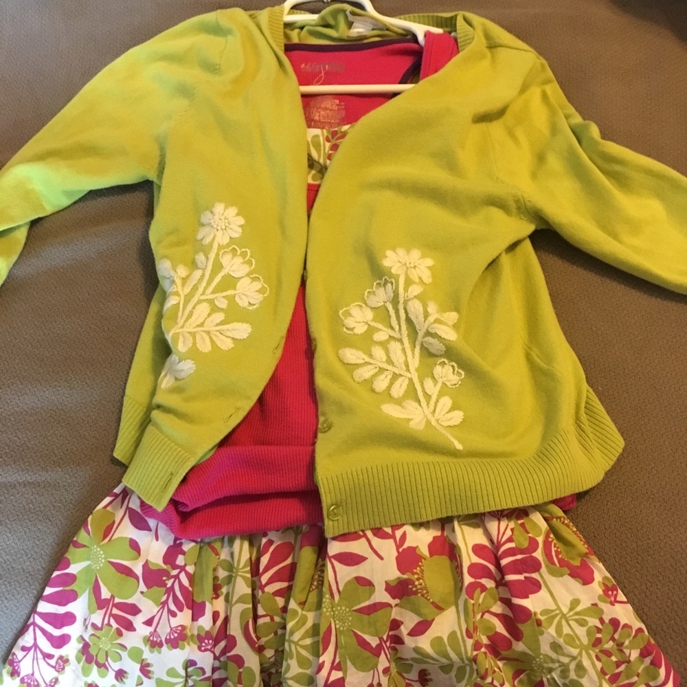 Brightly colored top, cardigan & skirt